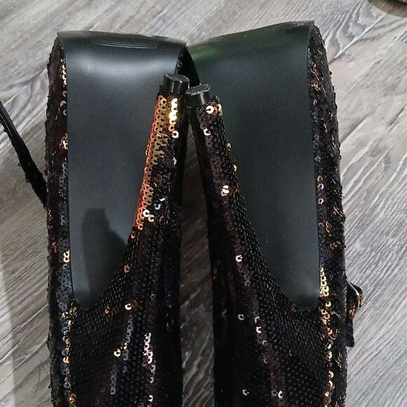 Bordello black gold shifting sequin stiletto 6" heels Sz 7 NWOT - Picture 8 of 10